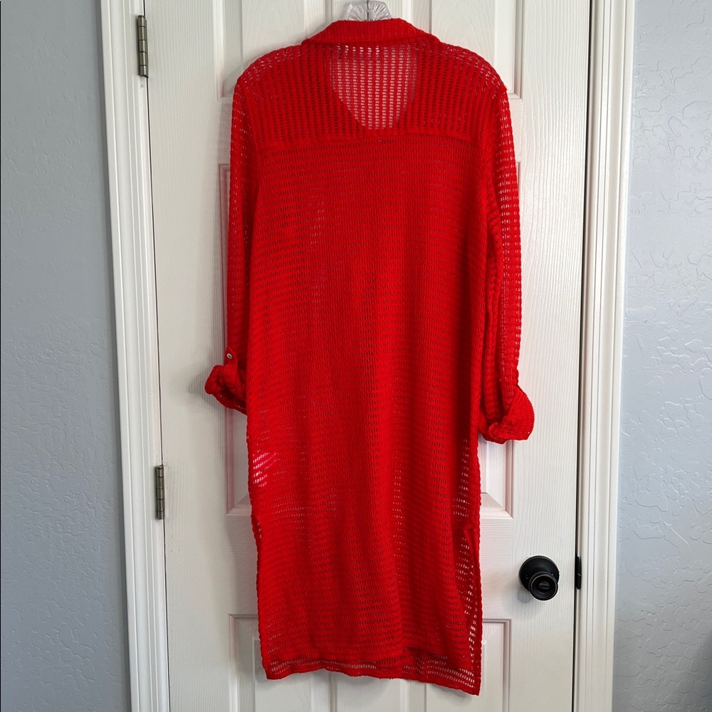 Haute Hippie Style red long sleeve button up swim coverup open knit Large - Picture 4 of 11